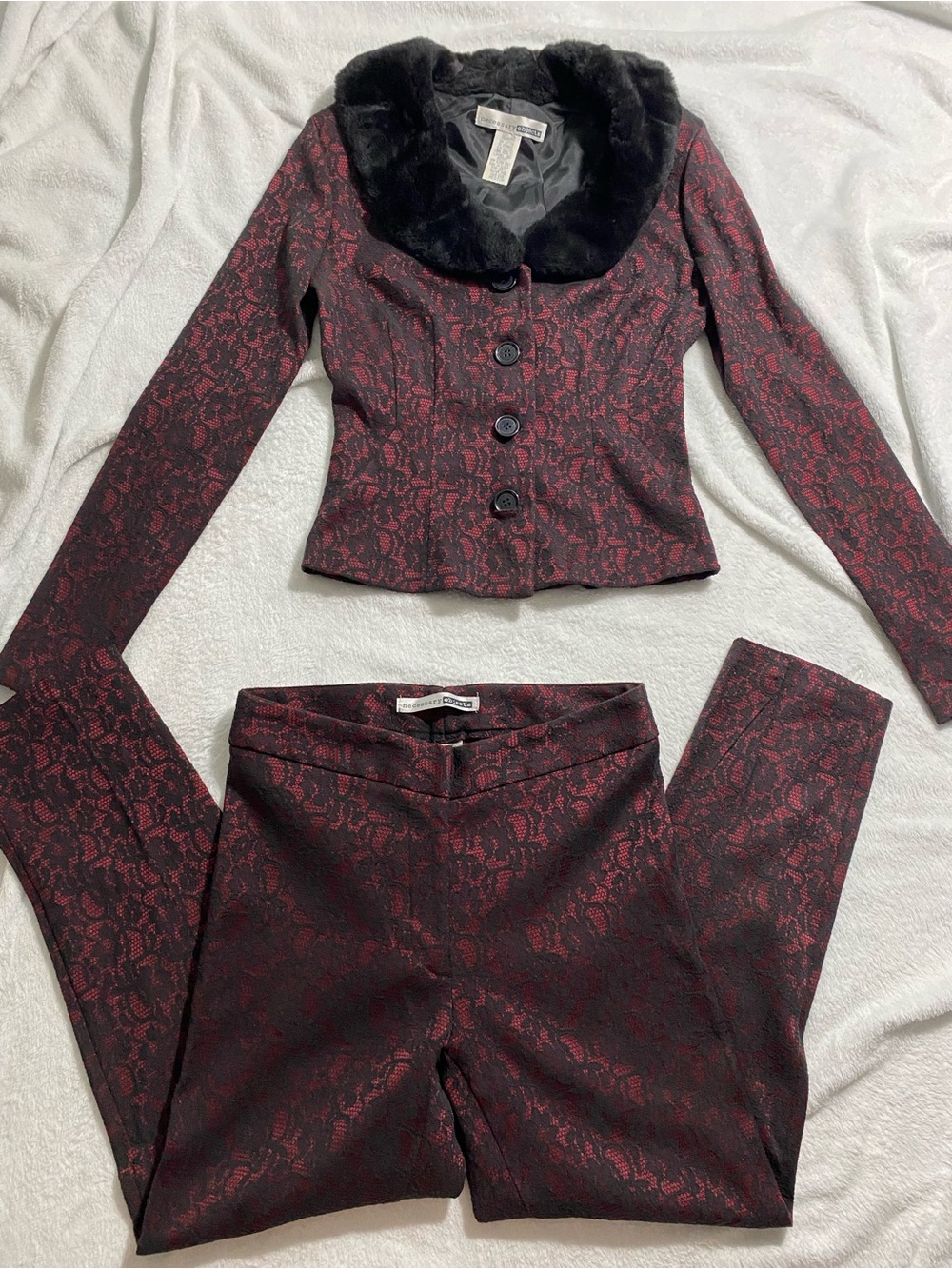 Necessary Objects Red and Black Vintage Y2K Lace-Pattern Pantsuit
